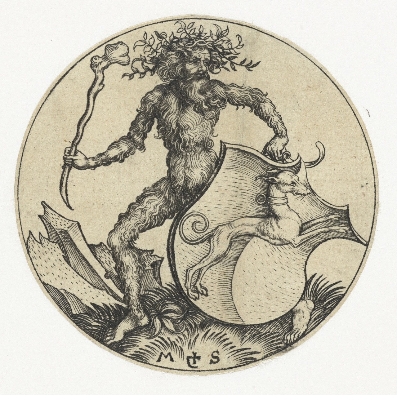Martin-Schongauer-Coat-of-arms-with-a-Dog-Held-by-a-Woodwose-with-a-Club.
