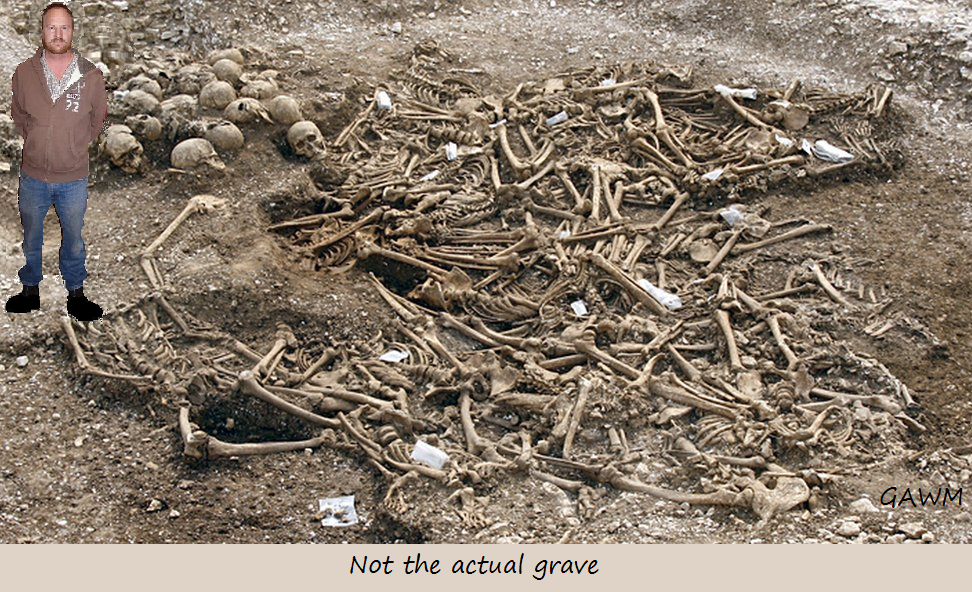A picture of a mass grave of skeletons with myself on the left side.
