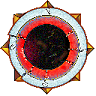eccentric circles - black center - red ring - white ring - 8 gold points