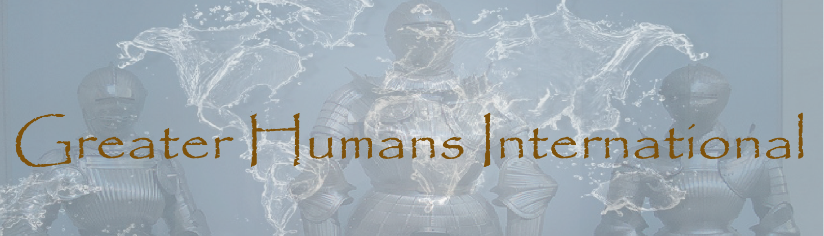 Blue banner - splashed water shaped like world map - 2 armor suits -giant in the middle - Greater Humans Stateside written