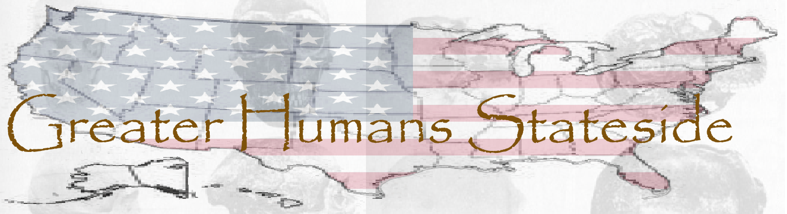 A white banner of the U.S.A. with a flag transposed. transluscent image of a giant skull barely seen, Greater Humans Stateside across the image.